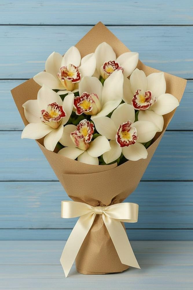 Букет 7 белых орхидей в Новом Костеке Букет цветов из: Орхидеи и Розы в Новом Костеке